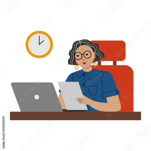 Vector flat illustration of an elderly woman with a laptop. Gray haired lady boss. Lady boss above 50 years