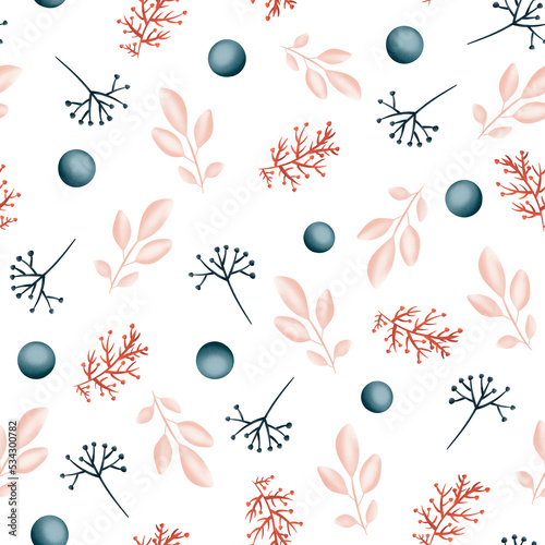Vegetable seamless pattern. Winter plants. Red berries, beige branches, snowballs, blue bushes.