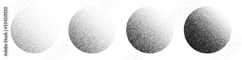 Round shaped dotted objects  stipple elements. Fading gradient. Stippling  dotwork drawing  shading using dots. Pixel disintegration  halftone effect. White noise grainy texture. Vector illustration