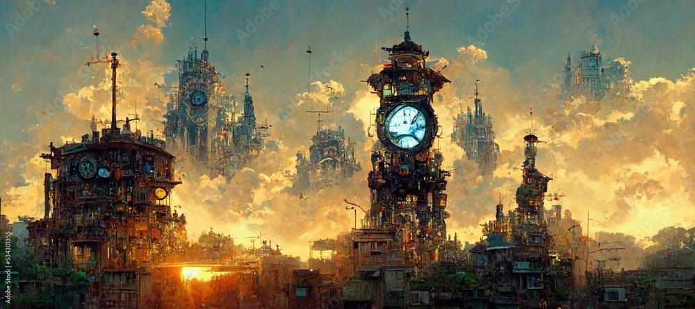 fantasy architecture. ancient clock tower. steampunk city. atompunk