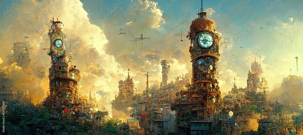 fantasy architecture. ancient clock tower. steampunk city. atompunk