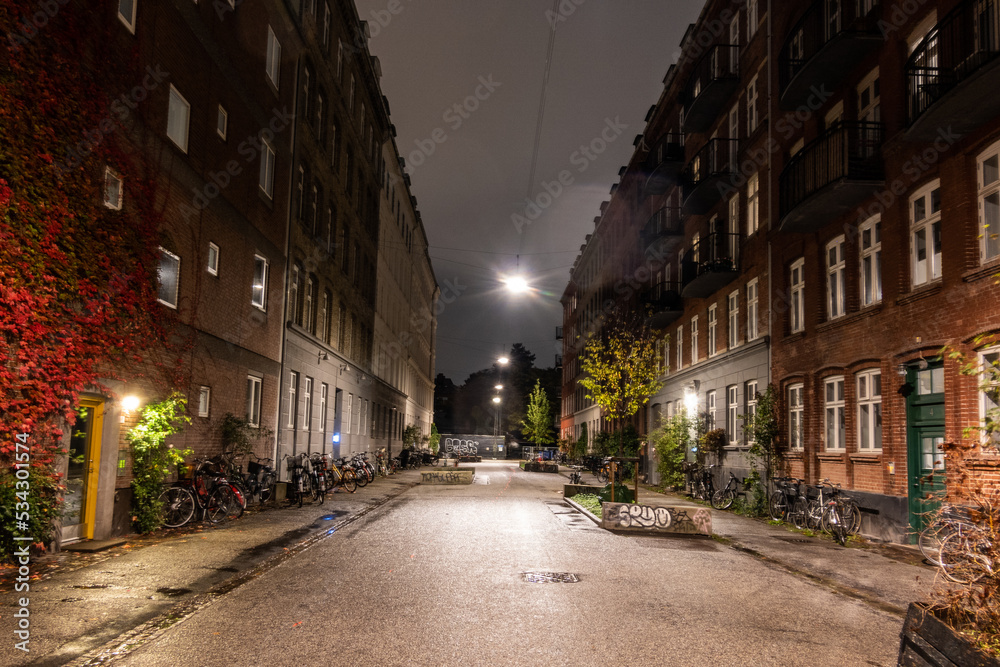 Copenhagen, Denmark A small street at night in Norrebro.