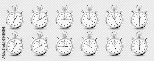 Realistic classic stopwatch icons. Shiny metal chronometer, time counter with dial. Countdown timer showing minutes and seconds. Time measurement for sport, start and finish. Vector illustration