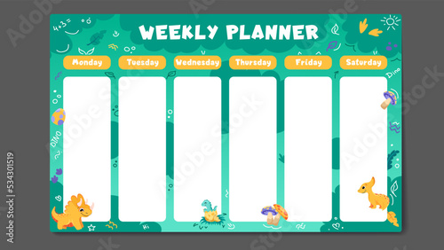 Weekly planner, back to school timetable template with cute different dinosaurs. Kids schedule design template with dinos. Vector children flat illustration