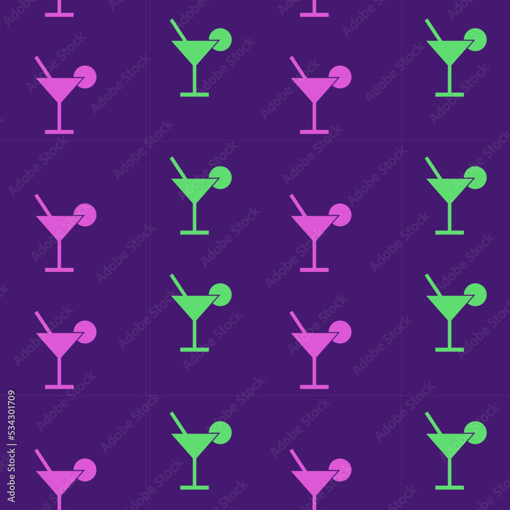 Cocktail, seamless pattern, vector. Pattern of glasses in green and pink on a purple background.