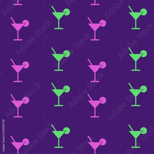 Cocktail, seamless pattern, vector. Pattern of glasses in green and pink on a purple background.