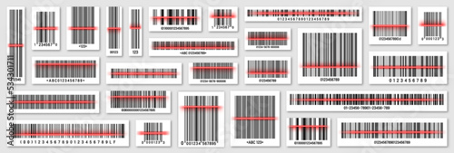 Set of product barcodes with red scanning line. Identification tracking code. Serial number, product ID with digital information. Store or supermarket scan labels, price tag. Vector illustration.