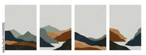 Mountain landscape posters. Abstract geometric boho backgrounds hill scenery silhouette, contemporary banner. Vector set