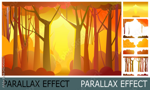 Forest pathway. Trees illustration. Dense wild plants with tall, branched trunks. Autumn orange landscape.Image from layers for overlay with parallax effect. Vector.