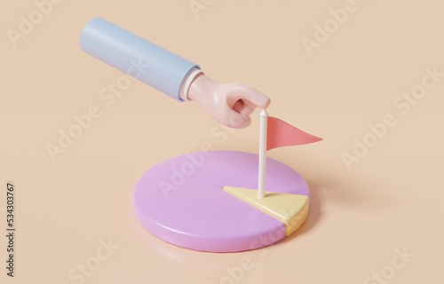 Hand putting flag on minor part of pie chart, focus on niche market or unique group of customers concept, 3d render illustration.
