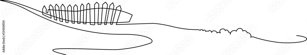 Fototapeta premium Old crooked picket fence on the border with the field. Landscape. Continuous line drawing. Vector illustration.