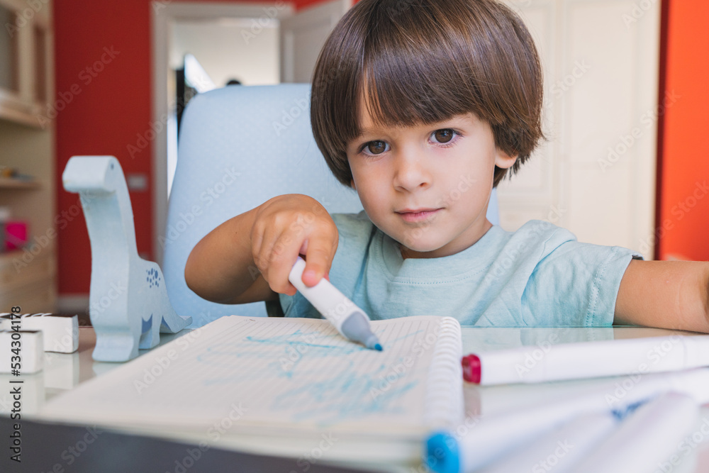 Smart kid studying at home and drawing on his notebook with colerful pens