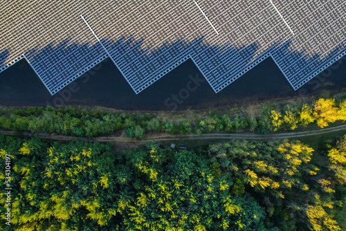 Top-down of solar energy grid on the water photo