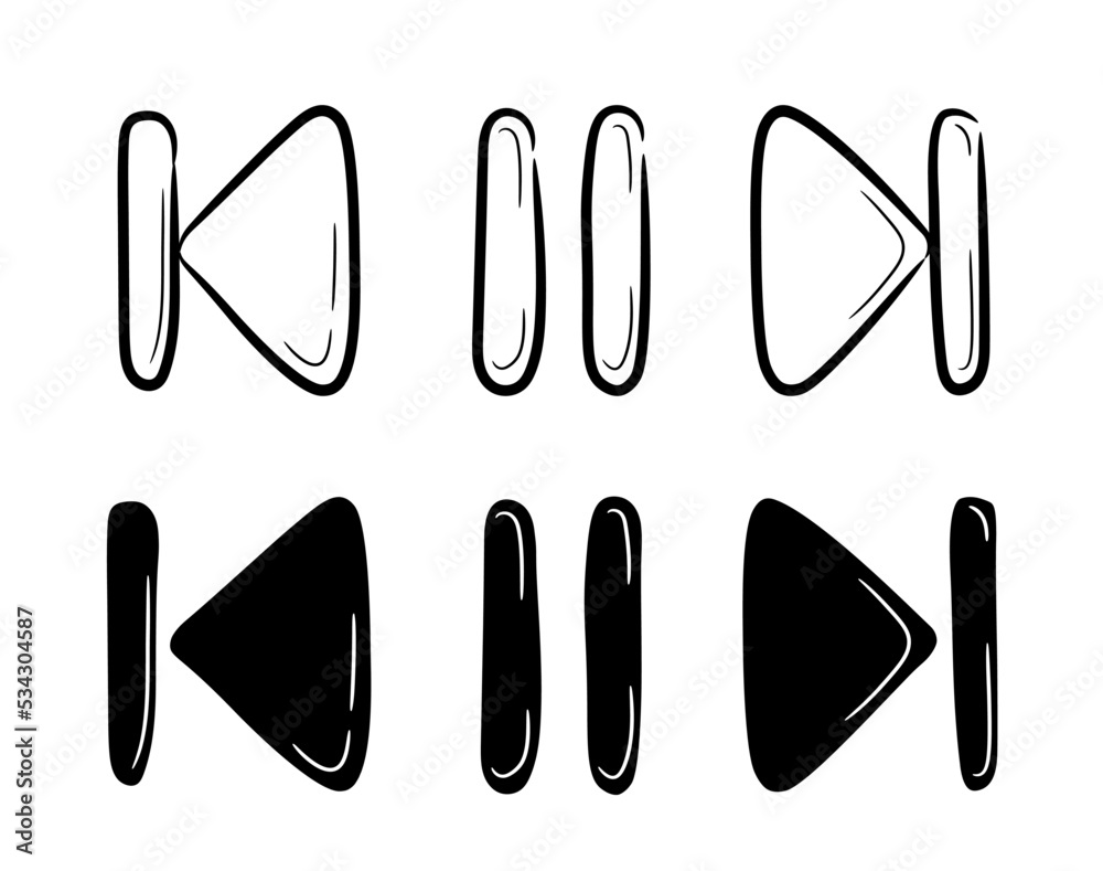 A collection of hand-drawn music and video rewind and stop icon sets ...