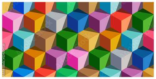 Multicolor seamless vector geometric pattern with 3d cubes. Kids wrapping template. Colorful set backdrop for postcard, poster, flyers, cards. 3D funny baby background. Endless optical illusions.	