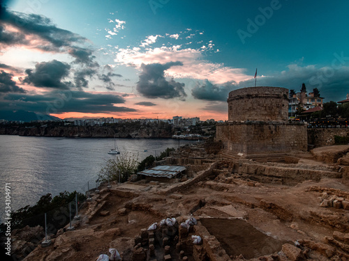 hidirlik tower is historical place in the antalya, turkey, cloudy day photo