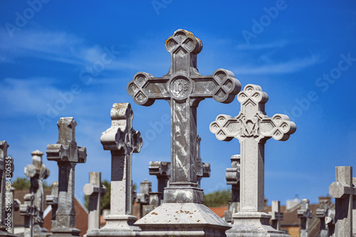 Tombstones and crosses at a cemetery