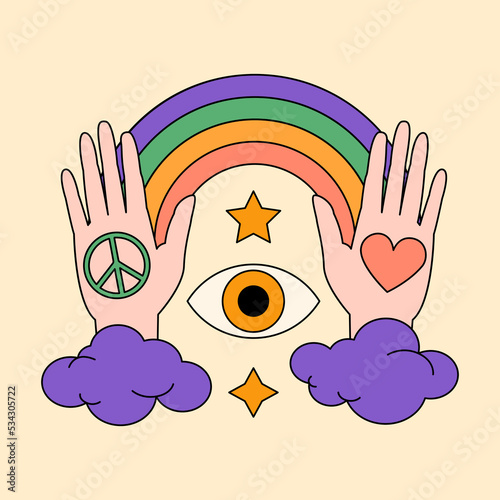 Happy hippie peace symbols. Love peace joy. Groovy 60s 70s sticker. Funky cartoon rainbow, peace, Love, heart, pacific, eye of providence etc. Trendy retro psychedelic style. Good vibes. Stay groovy.