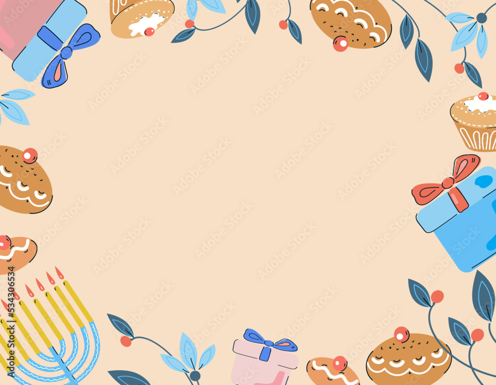 Fototapeta premium Jewish holiday Hanukkah greeting card and banner design. flat doodle vector illustration