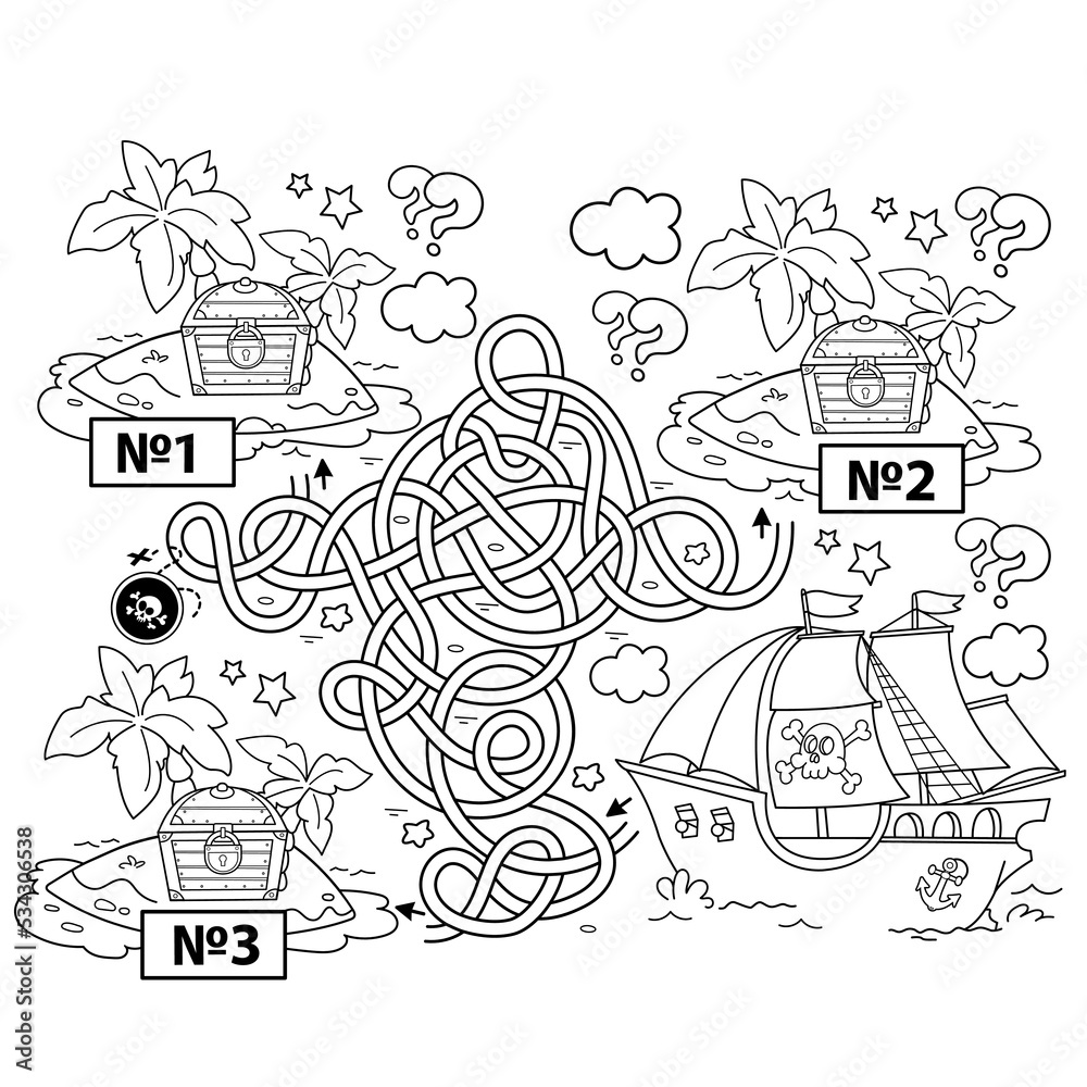 Fototapeta premium Maze or Labyrinth Game. Puzzle. Tangled road. Coloring Page Outline Of cartoon pirate ship with treasure island. Coloring book for kids.