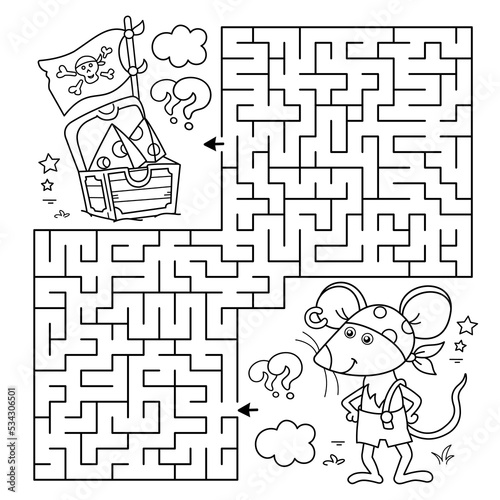 Maze or Labyrinth Game. Puzzle. Coloring Page Outline Of Cartoon little pirate mouse with chest of treasure. Cheese trove. Coloring Book for kids.