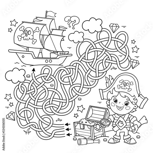 Maze or Labyrinth Game. Puzzle. Tangled road. Coloring Page Outline Of Cartoon pirate with chest of treasure. Pirate ship. Coloring Book for kids.