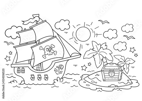 Coloring Page Outline Of Cartoon pirate ship with treasure island. Sailboat with black sails with skull in sea. Coloring book for kids.