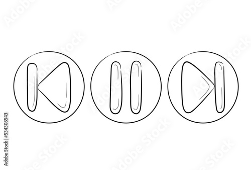 A collection of hand-drawn music and video rewind and stop icon sets. Start play and pause button in doodle sketch style. A simple doodle drawing scheme. Vector illustration.