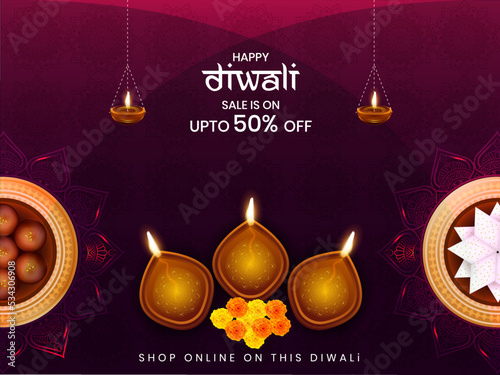 Happy Dhanteras sale design background with a beautiful gold neckpiece and burning oil lamps (Diya).
