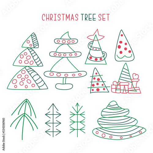Cute doodle christmas tree set. Vector outline design element for new year or christmas greeting cards, banners, flyers