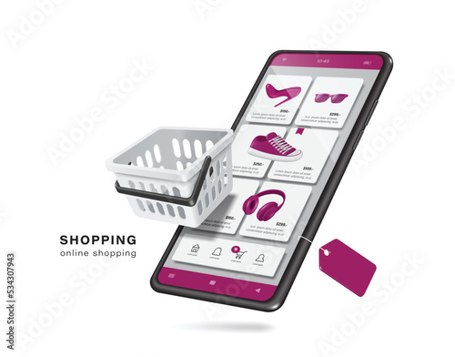 White shopping basket floats on smartphone screen with several products displayed on screen and there is a purple tag label hanging below smartphone,vector 3d isolated for delivery and online shopping