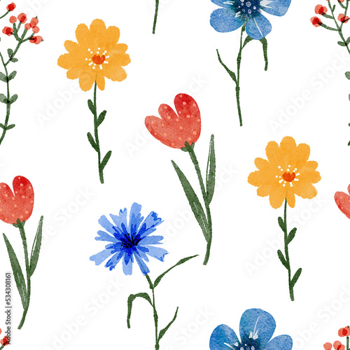 Seamless floral pattern with multi-colored flowers on a white background.  