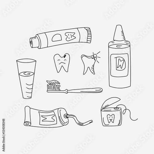 Toothpaste , Cartoon tooth , dental floss and toothbrush in doodle style. Dental care. Dentistry, hygiene and dental health products. Vector.
