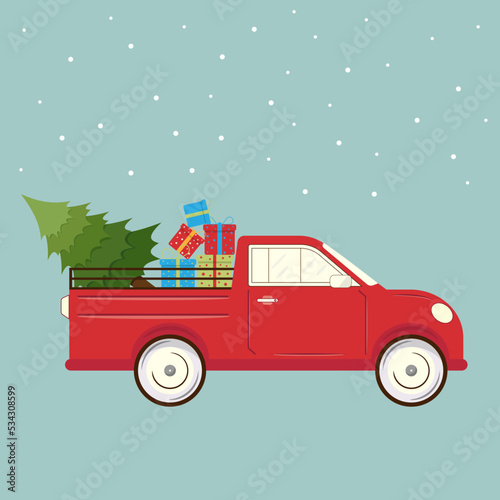 Christmas and New Year car with christmas tree and gifts. Christmas card with snowflake. Greeting card. Xmas design. Christmas poster 2023