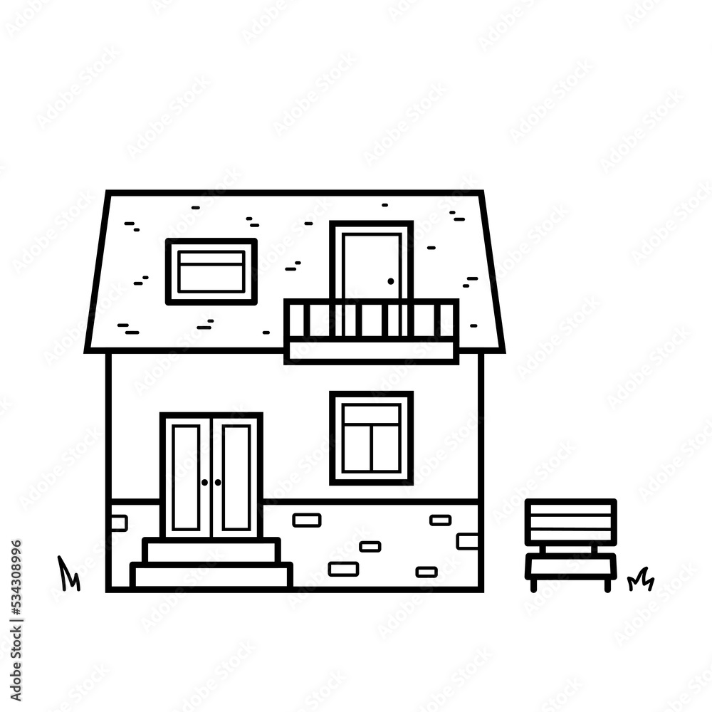 House. Icon of building with door, windows, balcony and bench near home. Iisolated vector illustration in line style. House. Icon of building with door, windows, balcony and bench near home. Iisolated vector illustration in line style.