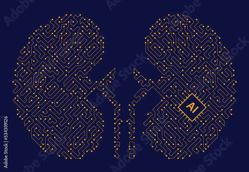 Golden kidney circuit board. Golden kidney Abstract technology. artificial intelligence in kidney shape isolated on Blue background.  CPU Organ Circuit board. 