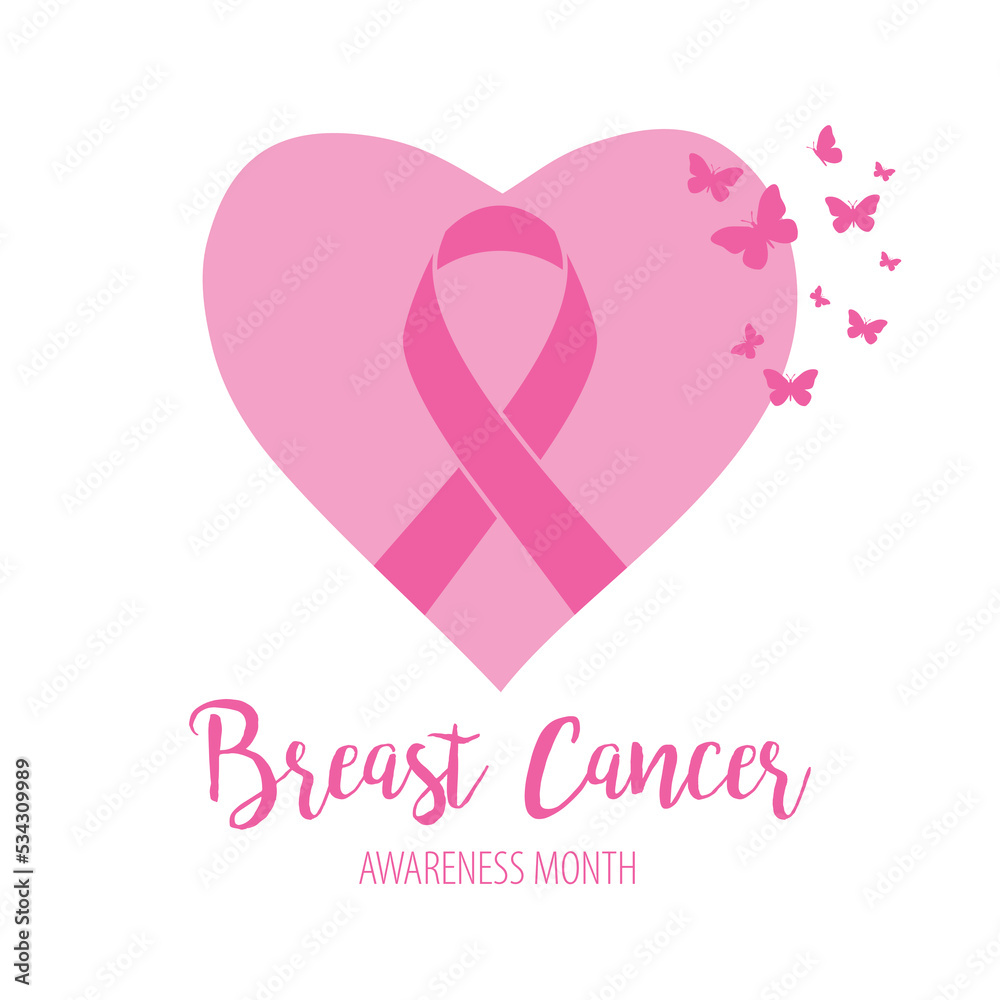 Breast cancer awareness month with heart ribbon butterfly sign and pink ribbons vector illustration design poster layout.