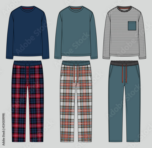 Men's loungewear set. Oversized long sleeve t-shirt and relaxed fit pants. Pyjama set. Fashion sketch. Flat technical drawing. Vector illustration.