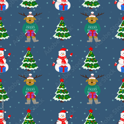 Christmas seamless pattern with snowman  Christmas tree  deer with gifts on a blue background. Winter pattern for wrapping paper and packaging  Christmas cards  web page background.