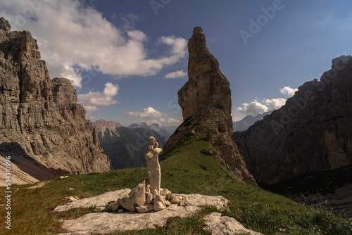 Fabulous rock formations on Campanile di Val Montanaia mountain peak in Italy photo