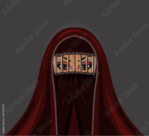 Burka is like a prison. Muslim woman in burqa metal grate, vector illustration