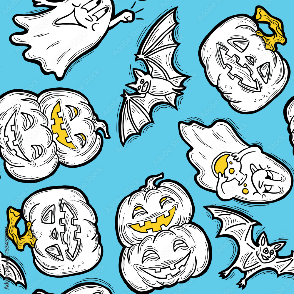 Fototapeta premium Halloween seamless vector pattern with pumpkin, spider, cat. Decor for party celebration, fabric print. textile design, backdrop, background, wrapping paper, scrapbooking. Hand drawn cartoon character