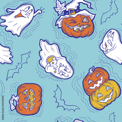 Halloween seamless vector pattern with pumpkin, spider, cat. Decor for party celebration, fabric print. textile design, backdrop, background, wrapping paper, scrapbooking. Hand drawn cartoon character