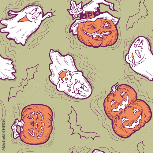 Halloween seamless vector pattern with pumpkin  spider  cat. Decor for party celebration  fabric print. textile design  backdrop  background  wrapping paper  scrapbooking. Hand drawn cartoon character