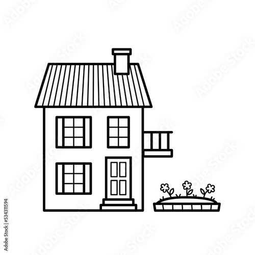 House. Building facade with door, chimney, balcony and flower bed under the window. Home in doodle sketch style. Hand drawn isolated vector illustration.