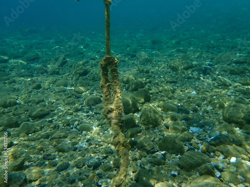 Typical illegal anchoring undersea, Aegean Sea, Greece, Halkidiki. Sea pollution and danger to divers and swimmers.