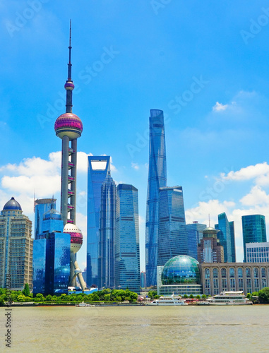 Photography View of the skyline along the riverside on a sunny day in Shanghai, China