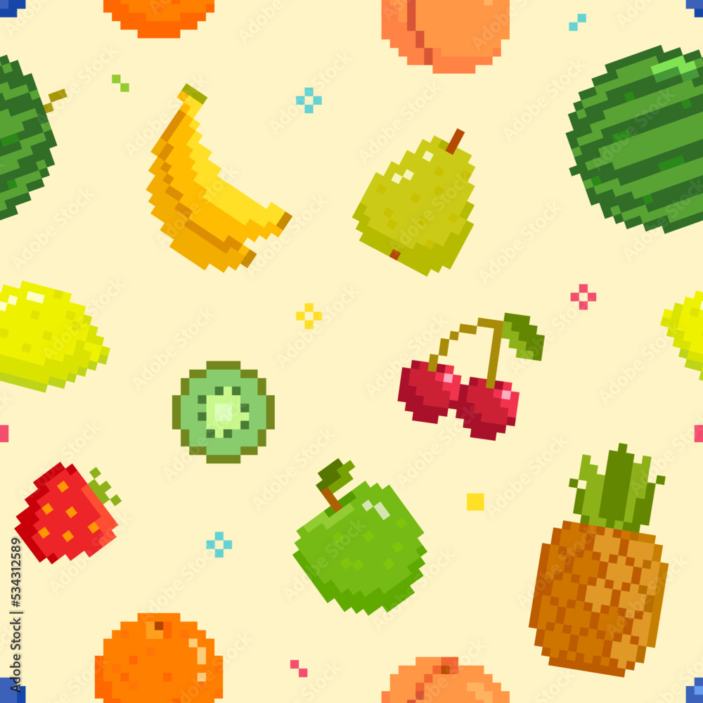 seamless vector retro pixel game fruits pattern Stock Vector Image