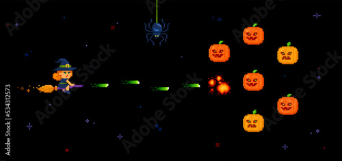 Halloween pixel art retro game with funny Witch vs pumpkin invaders. 8-bit vintage style Retro game icons set. Pixilated Space arcade Holiday edition shooter vector template