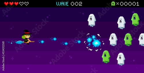 Halloween pixel retro game with funny Witch vs Ghost invaders. 8-bit Retro video game set. Pixilated Space arcade Holiday edition shooter vector template